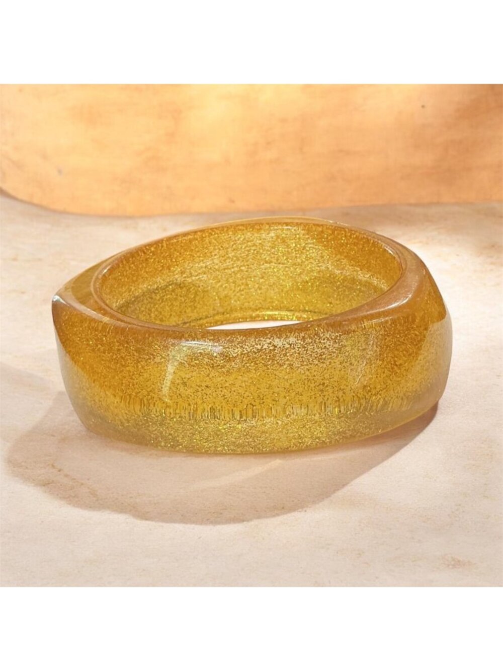 Vintage  Yellow Chunky Glitter Resin Bangle Bracelet Gold-Tone 2.75"
